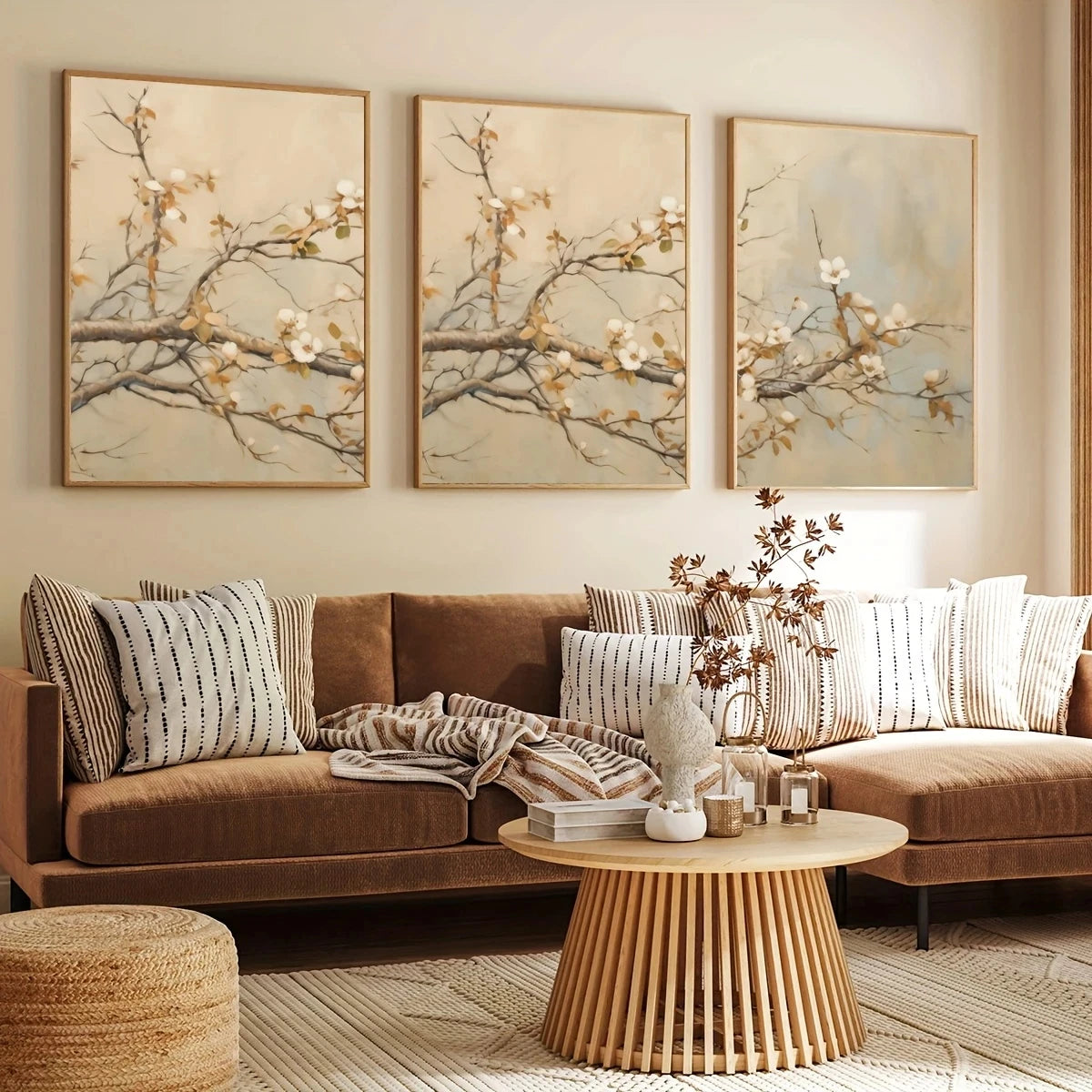 tableaux contemporains abstraits fleurs branches toile sans cadre minimaliste beige brun