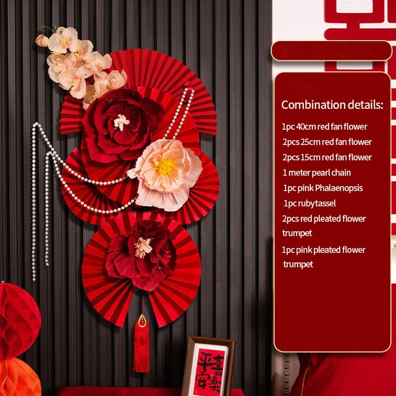 décoration murale festive asiatique fanions papier fleurs motifs calligraphie rouge blanc doré