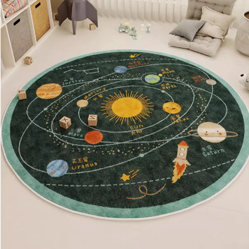 tapis rond polyester dessin animé cirque chevaux système solaire moderne enfant couleur beige rouge