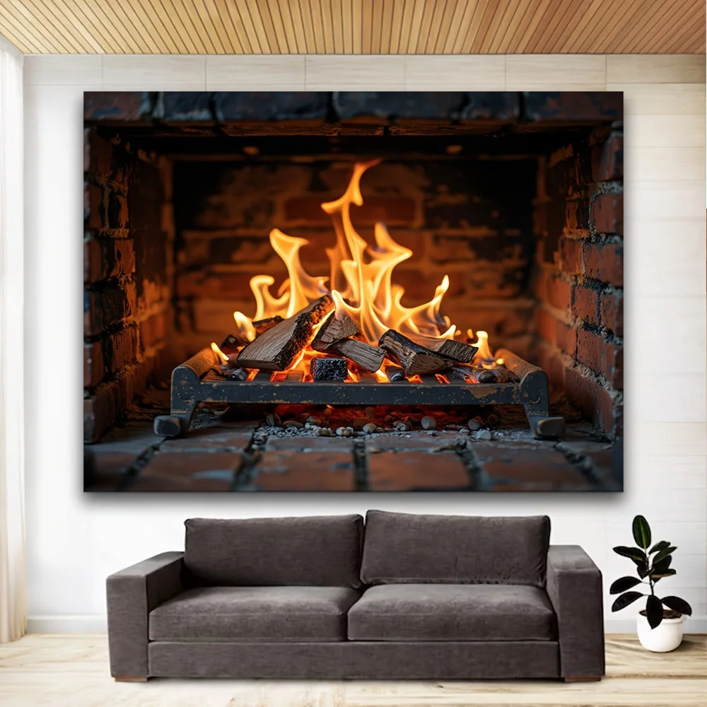 tableau mural feu cheminée noir orange réeliste brique bois meubles décoration intérieure