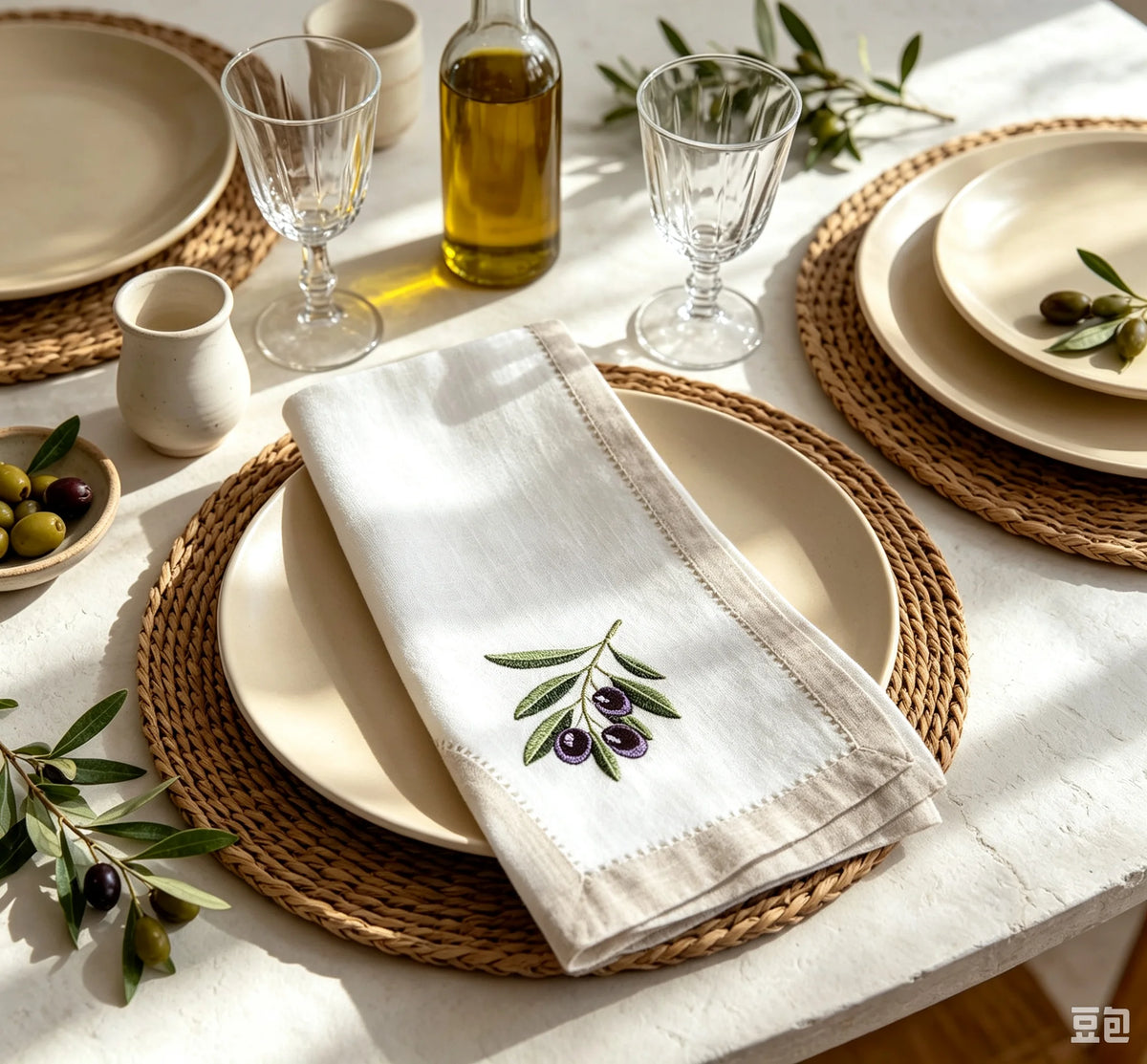 serviettes brodées olivier motifs festonnés rustique coton polyester table manger decoration cadeau