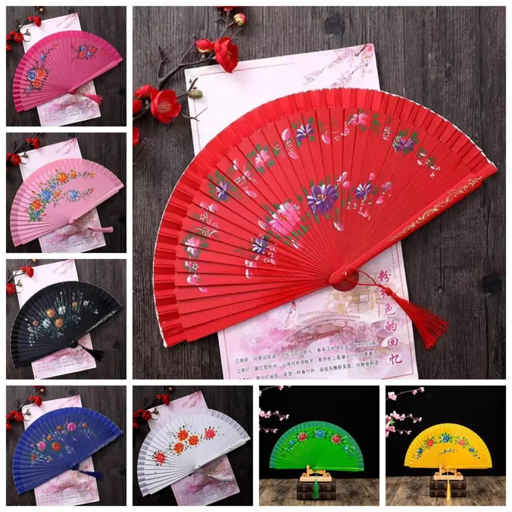 éventail pliant bois ajouré double face fleurs colorées ruban pompon rouge rose bleu vert