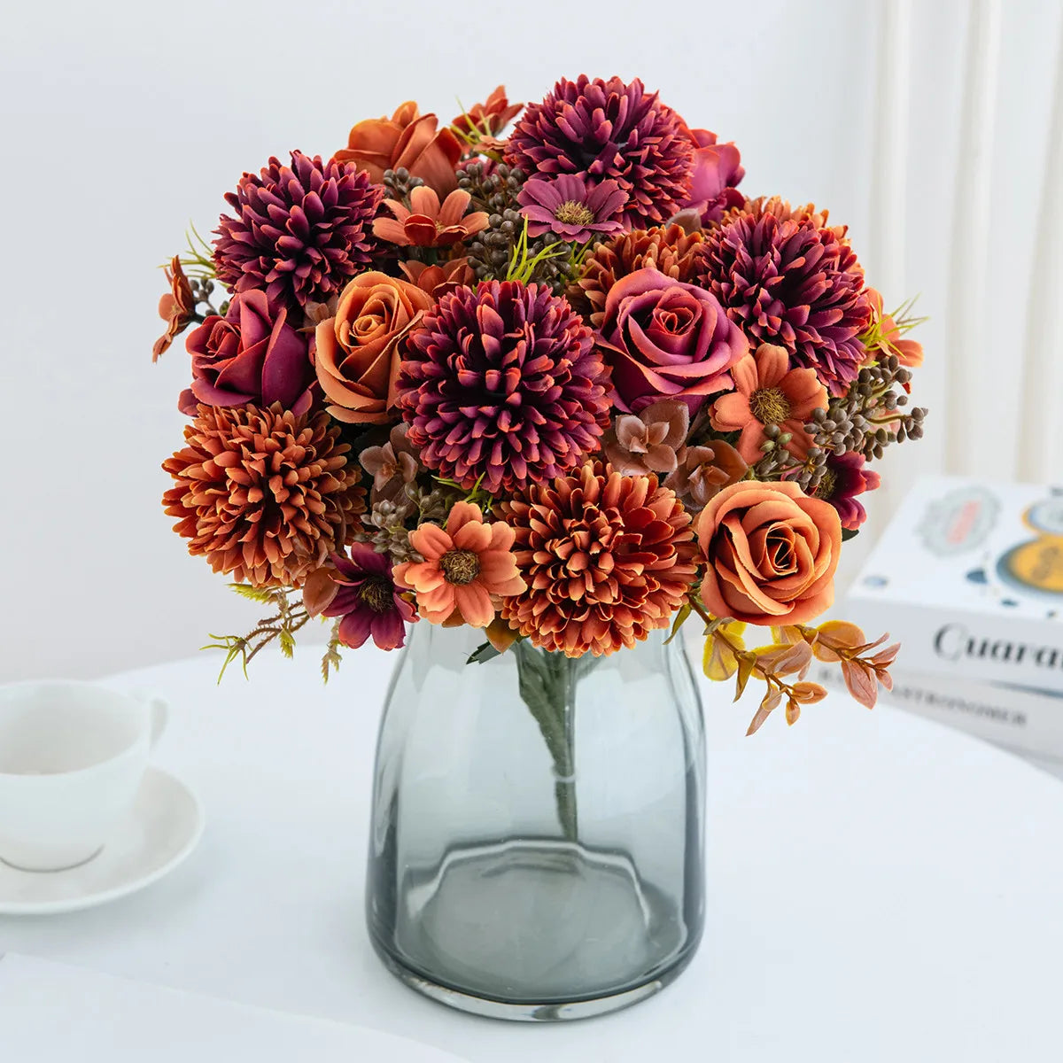 bouquet fleurs artificielles roses soies classiques romantiques blancs roses orangers marrons intérieur décoration mariage