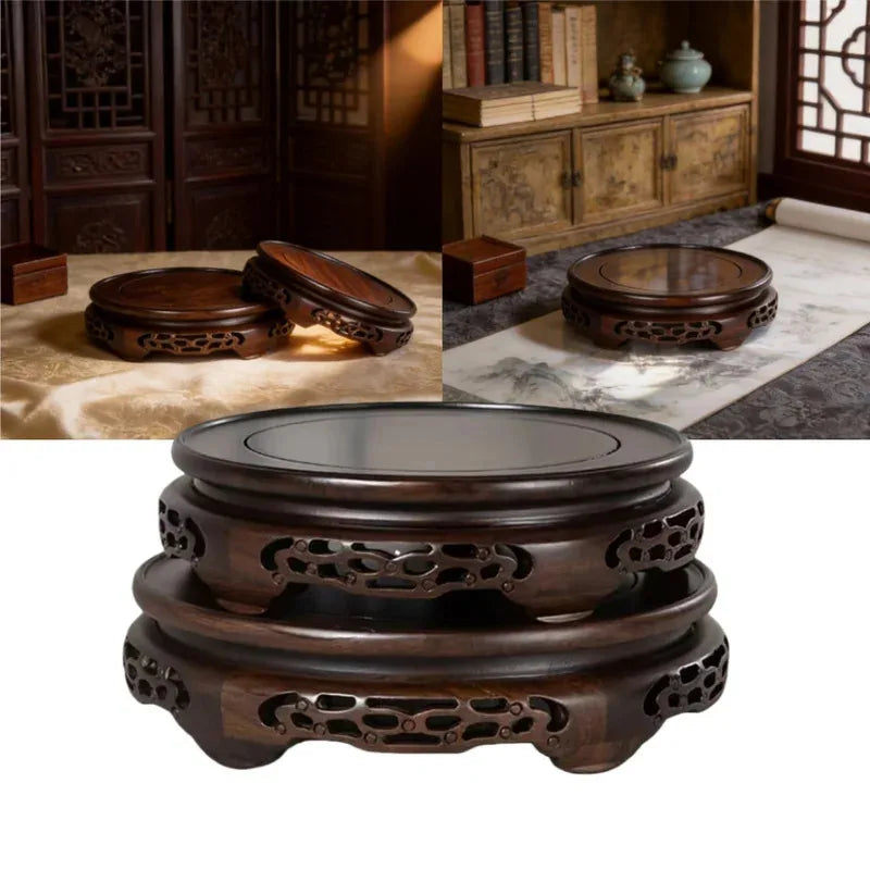 socle rond bois sculpté support décoratif figurine pot fleurs thé