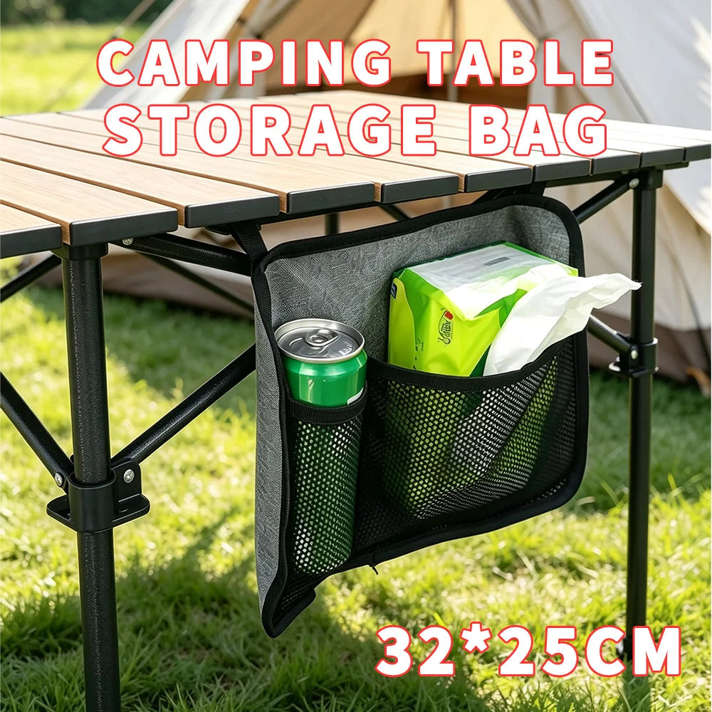 sac rangement table pliante tissu texturé gris tissu mesh noir camping utilitaire transparent