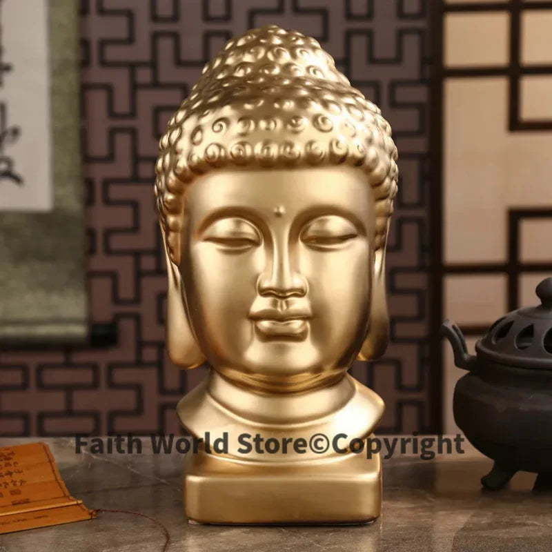 statue tête bouddha dorée décoration intérieure spiritualité ornement maison classique religieux 24cm hauteur 12cm