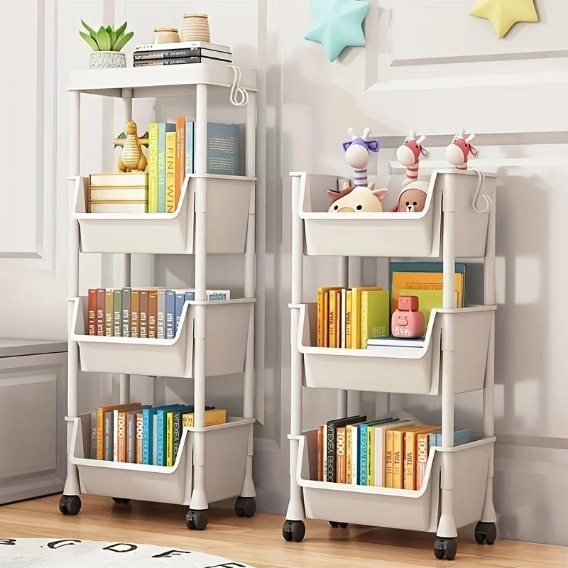 rack rangement multifonctionnel 360° rotatif blanc moderne crochets latéraux roulettes universelles respectueux l'environnement