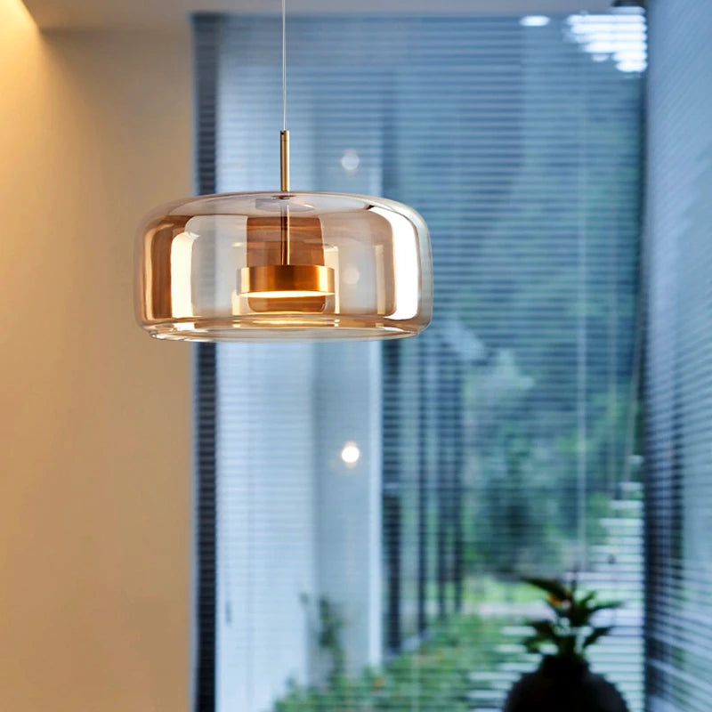 luminaire suspension moderne verre transparent doré câble salon salle manger