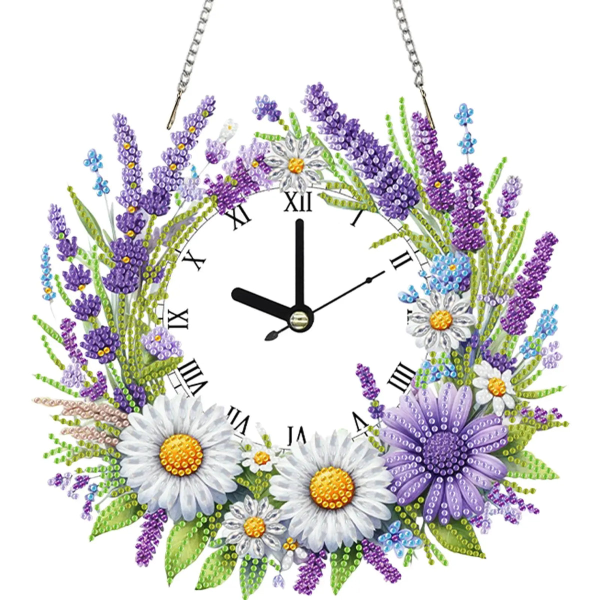 horloge suspendue 2d fleurs oiseaux motifs géométriques blanc multicolore métal chaines