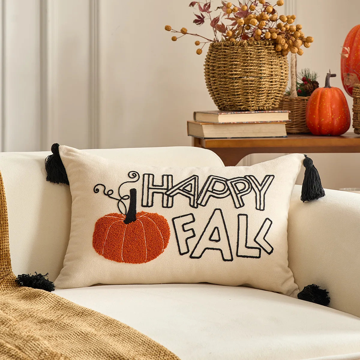 housse coussin brodée citrouille motif automne rustique tassel adhésif décoration maison nordique polyester coton