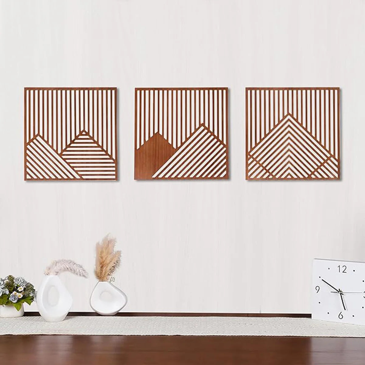 décoration murale bois panneaux artistiques modernes motifs montagnes minimaliste chambre salon