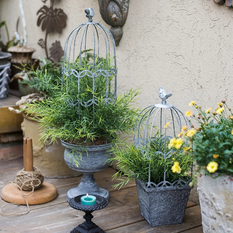 Cage oiseaux vintage métal gris filetage rustique plante oiseau décorative patio rural