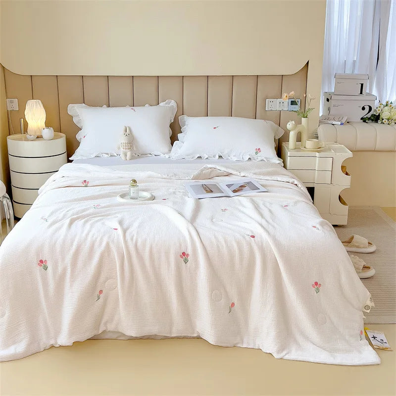 couette coton blanc motif fleurs roses été légère oreiller coussin accessoires