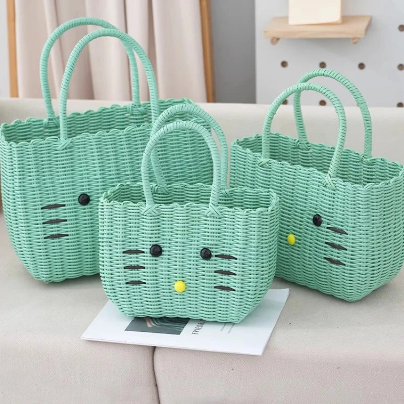 panier rangement vert clair chat mignon poignées corde blanc rose respectueux environnement