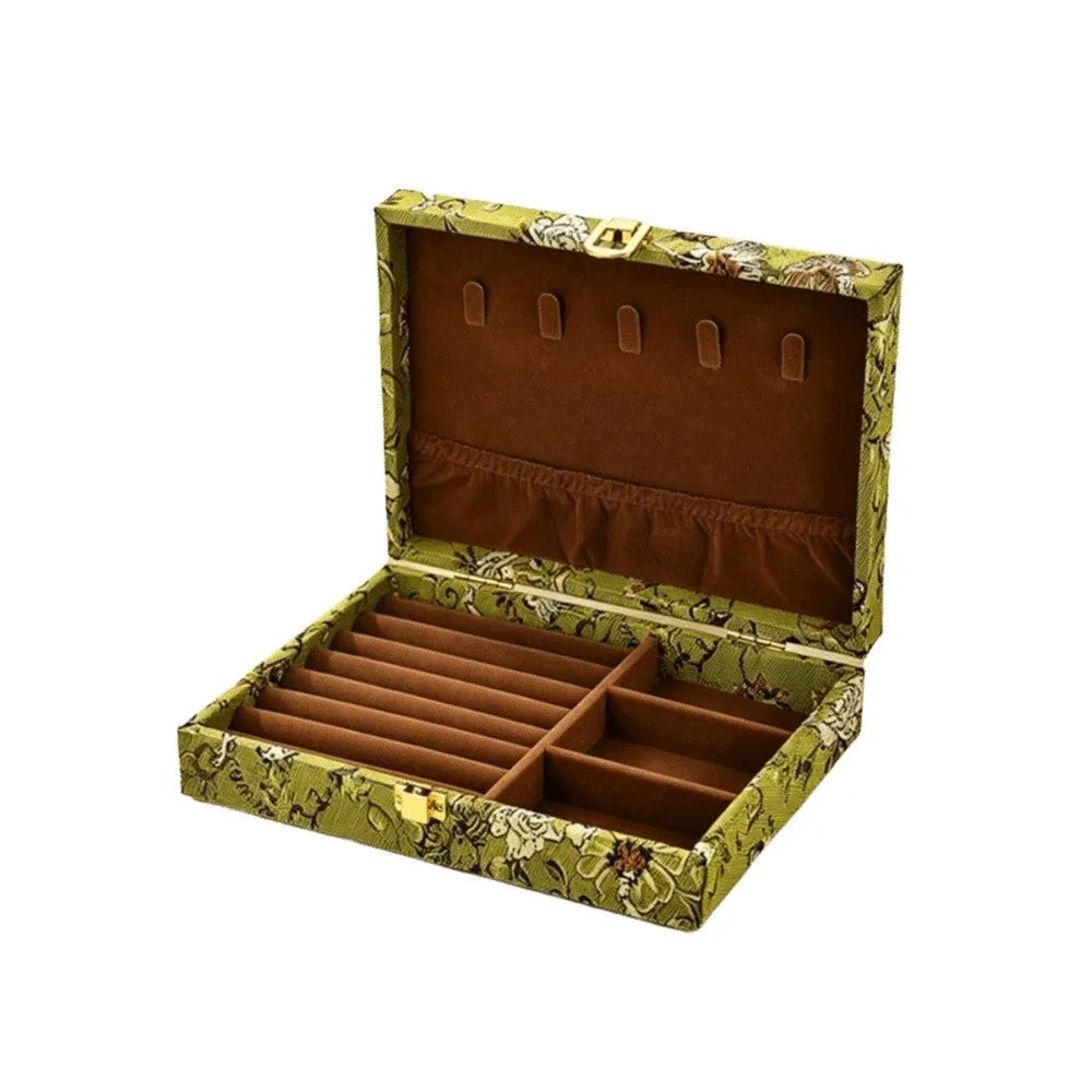 boîte bijoux classique vintage compartiments fleurs velours intérieur vert beige rouge