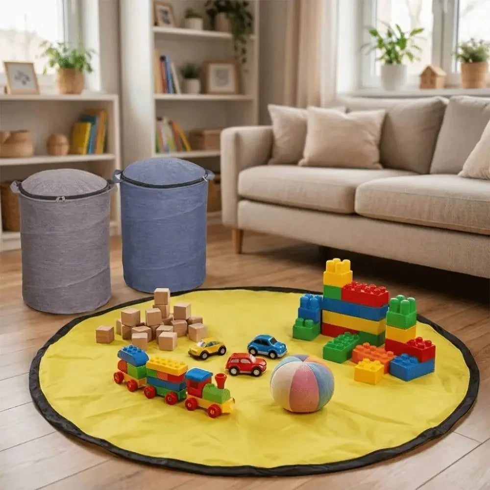 seau rangement réutilisable tissu textile métal zip rangement rapide jouets enfants tapis pliable bleu
