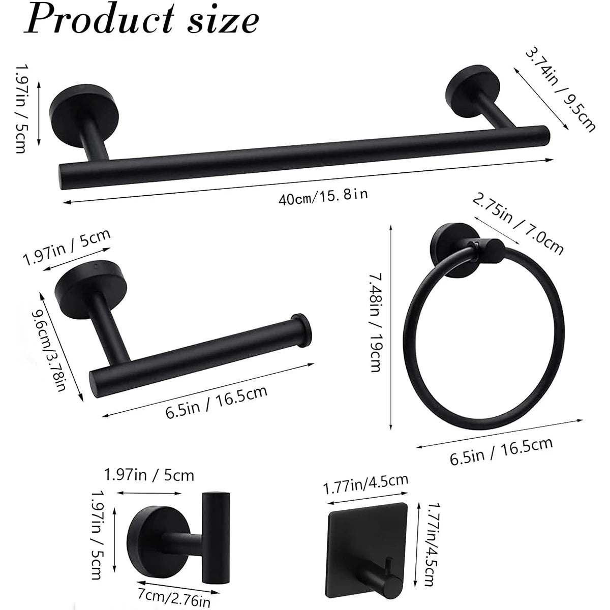 accessoires salle bain noir mat modernes fixés mur barre serviettes anneau papier toilette crochets