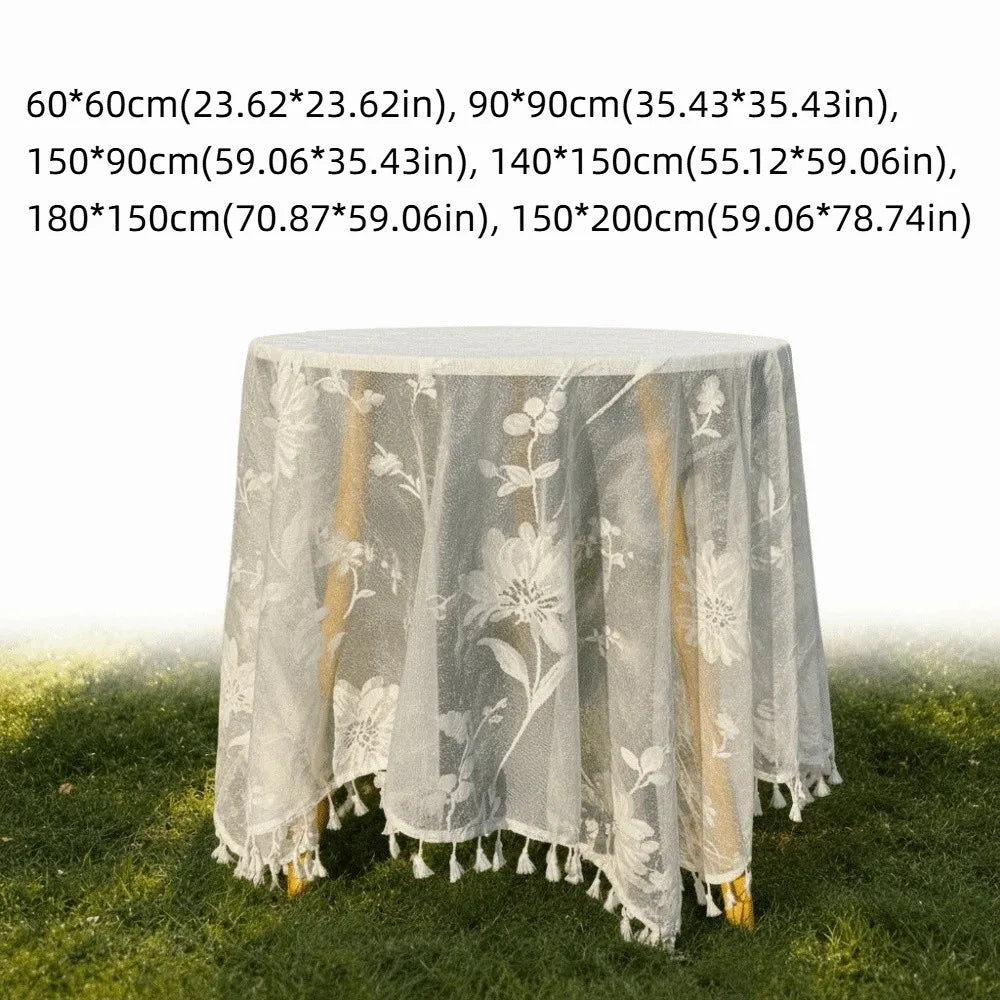 nappe table blanche fleurs brodées bohème anti poussière clips opaques rond vintage