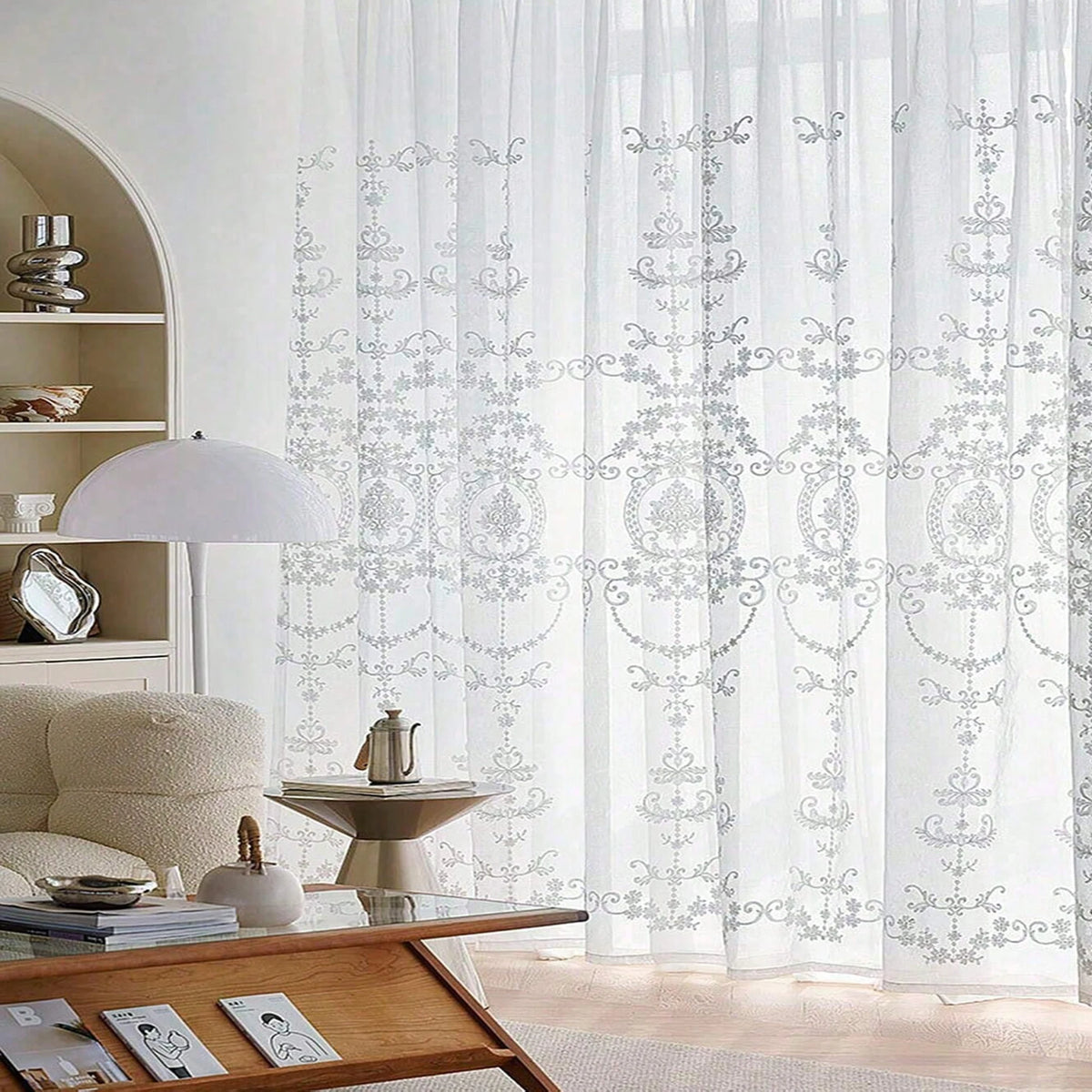 rideau blanc transparent broderie florale classique salon chambre moderne décoration fenêtre maison