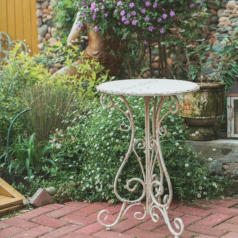 table ronde extérieure métal vieilli blanc ajourée rustique vintage fleur pot jardinière balcon patio