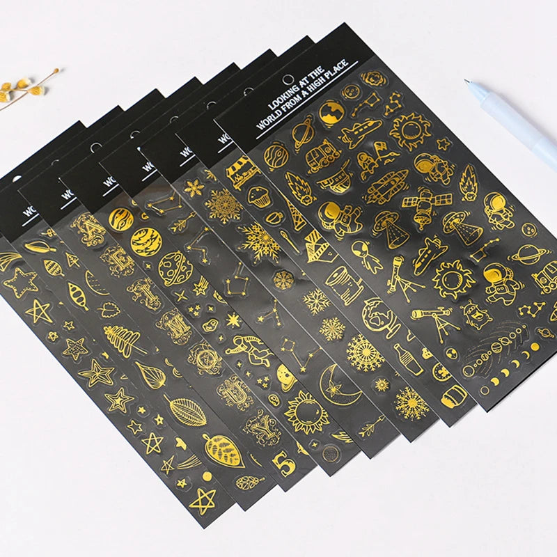 autocollants noir doré planètes étoiles astronautes lettres chiffres motifs floraux scrapbooking artisanat bricolage vintage