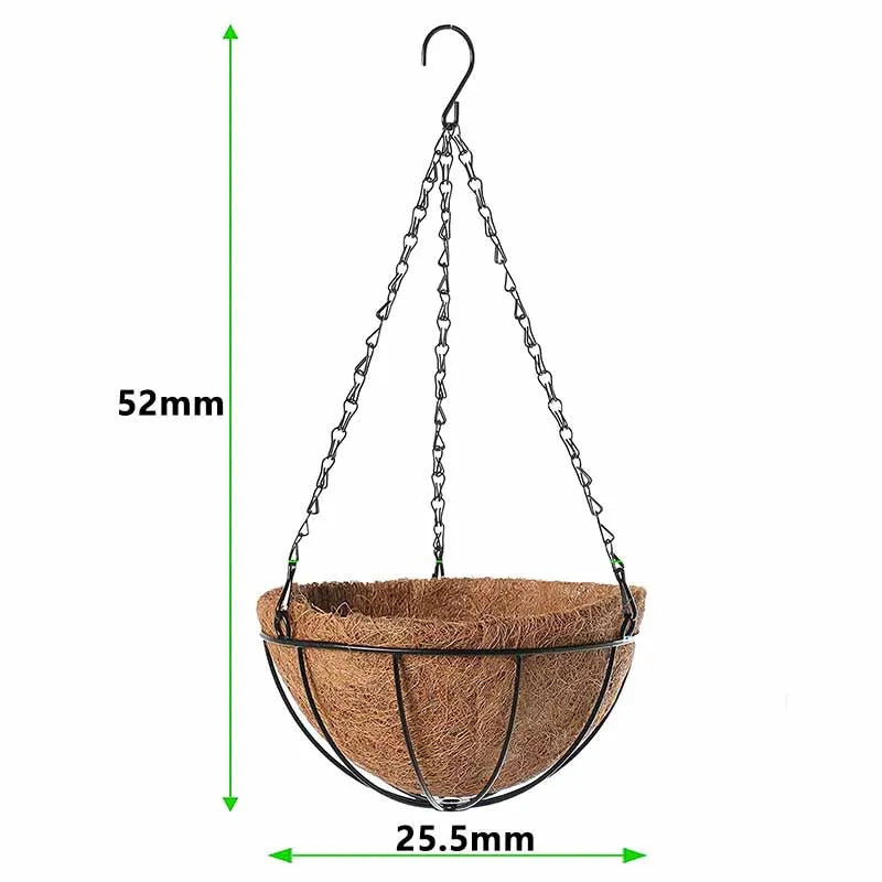 panier suspendu marron clair coquille noix coco cadre fer noir classique rustique crochets métalliques