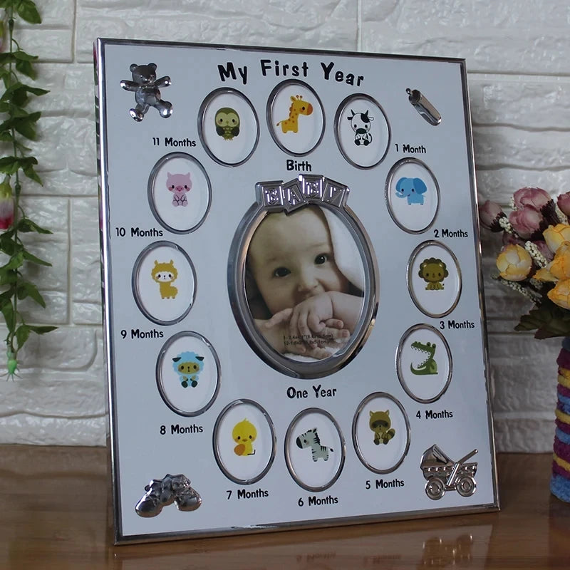 cadre photo murale transparent thème bébé rose blanc bleu animaux mois naissance première année