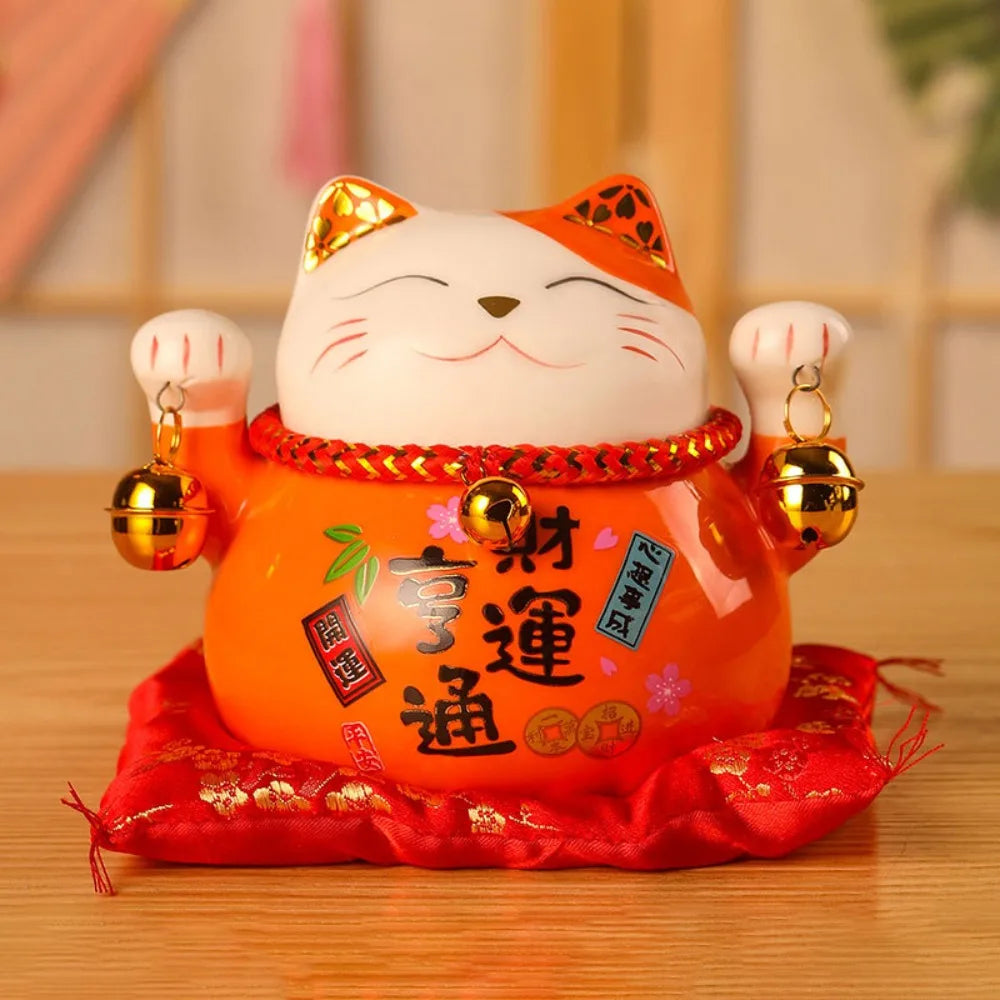 tirelire chat maneki neko violet bleu rose blanc fleurs symboles chinois rubans dorés traditionnel