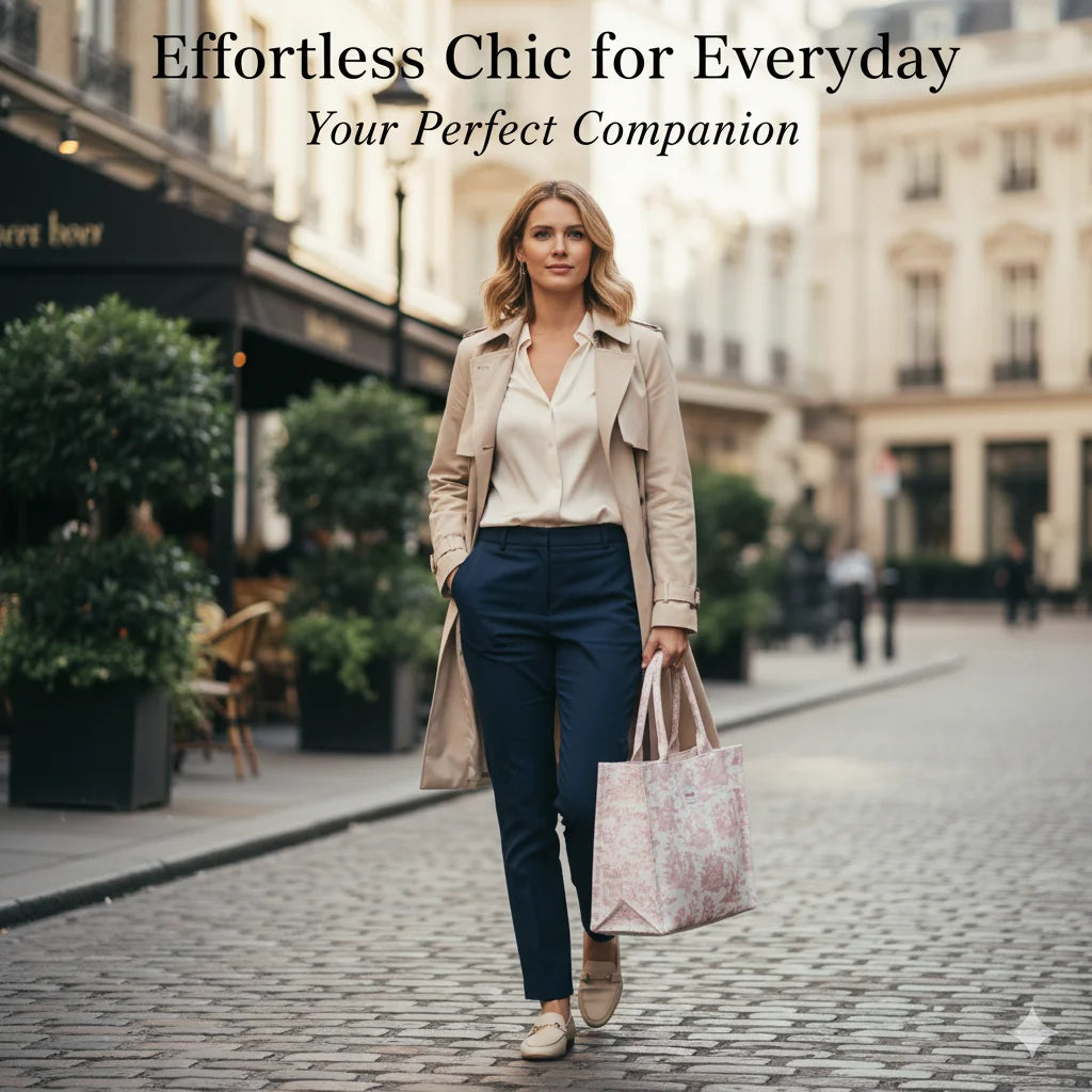 sac main toile blanc rose motif paysan classique pliable poignées détachables étiquette ruban doré