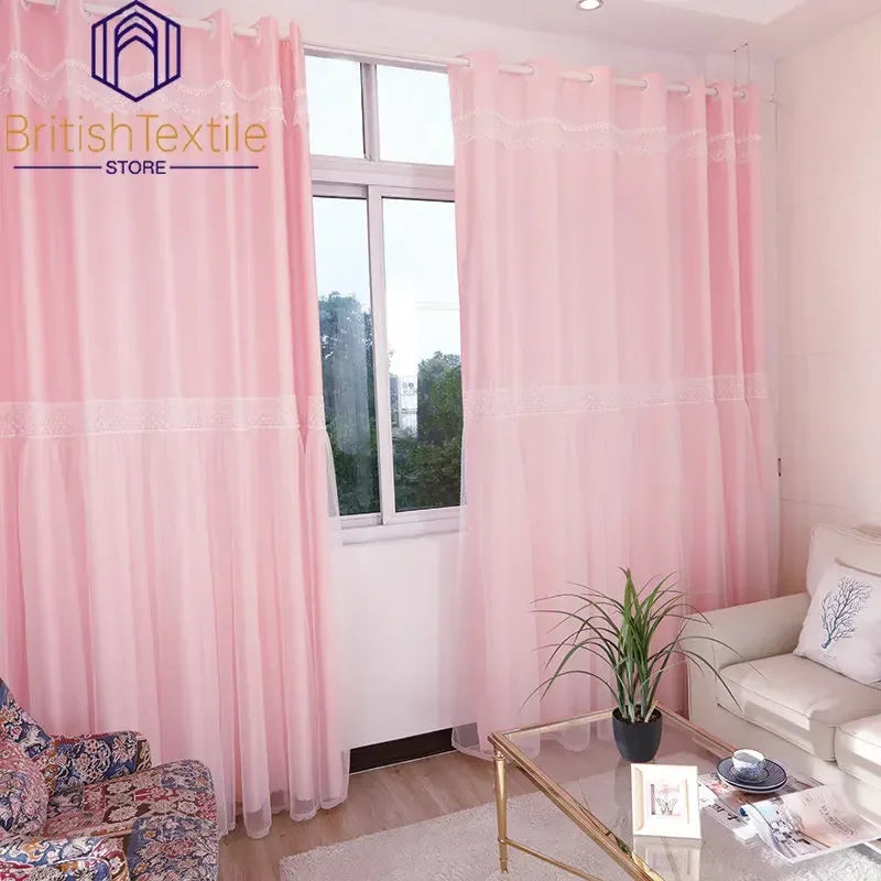 rideau moderne rose dentelle décoratif tissu polyester semi transparent fenêtre française bloque lumière doux