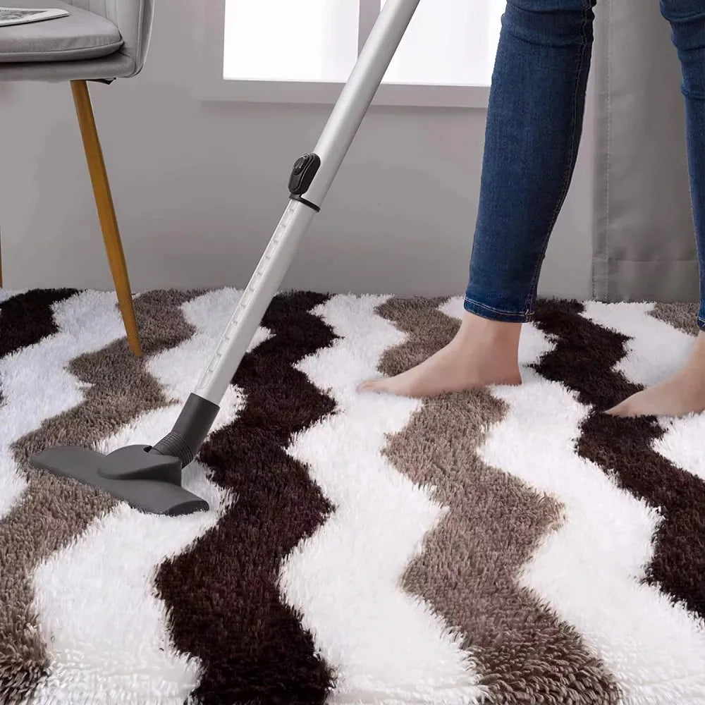 tapis moderne rayures zigzag blanc marron salon chambre doux polyester lavable repousse saleté sans