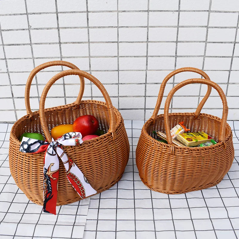 panier tressé marron clair réutilisable poignées traditionnel fruits légumes médicaments cosmétiques rangement extérieur moderne