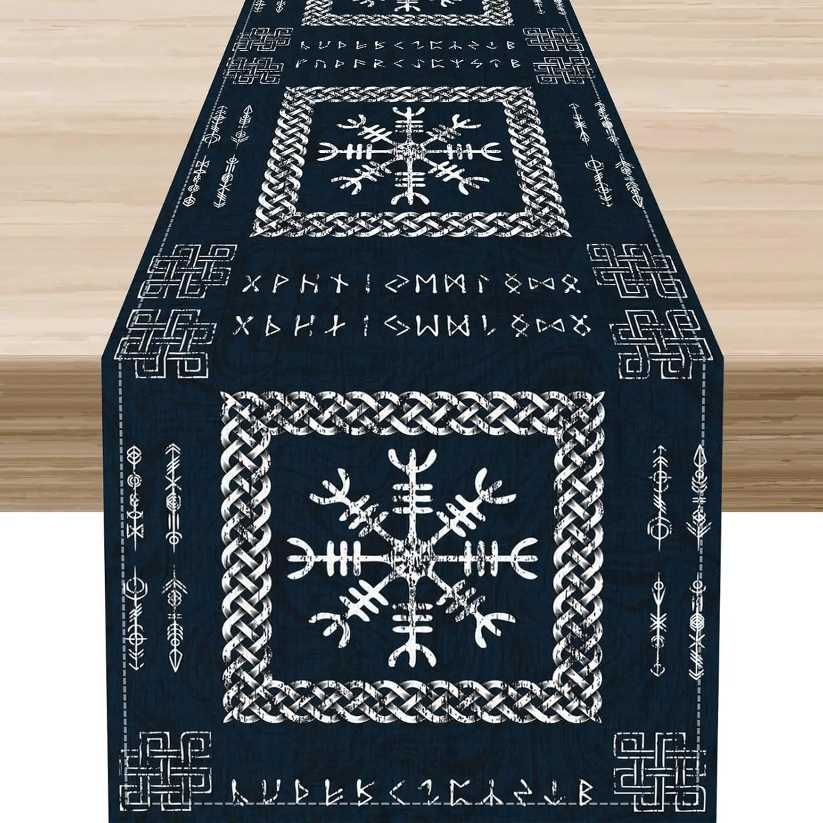 chinois table bleu marine blanc motifs géométriques symboles tissu lin ethnique traditionnel