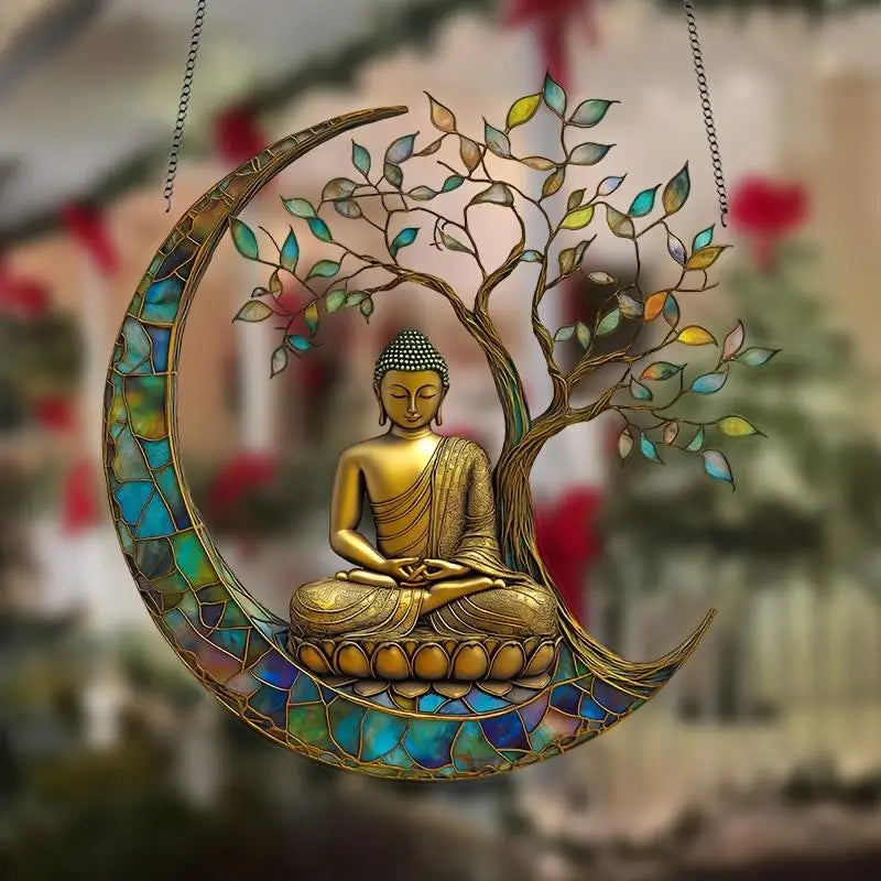 décoration suspendue bouddha or bronze bleu vert zen vitrail feuilles croissant lune chambre
