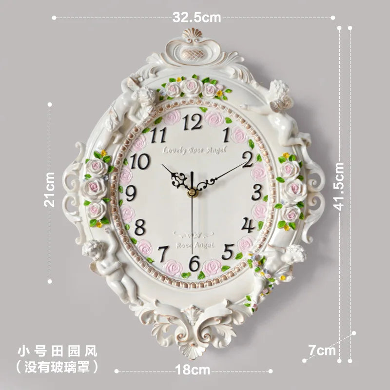 horloge murale baroque motif floral angelique blanc salon decoration aiguille quartz résine unique