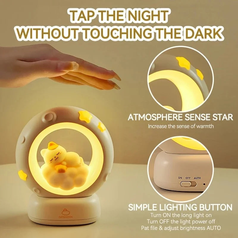 lampe table chat dormir nuages étoiles dorées lumière chaude ajustable rechargeable mignon