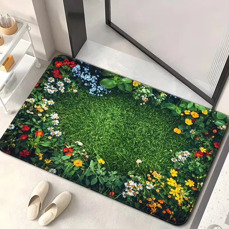 tapis moderne antidérapant herbe fleurs vert multicolore printemps salon entrée 60x40cm