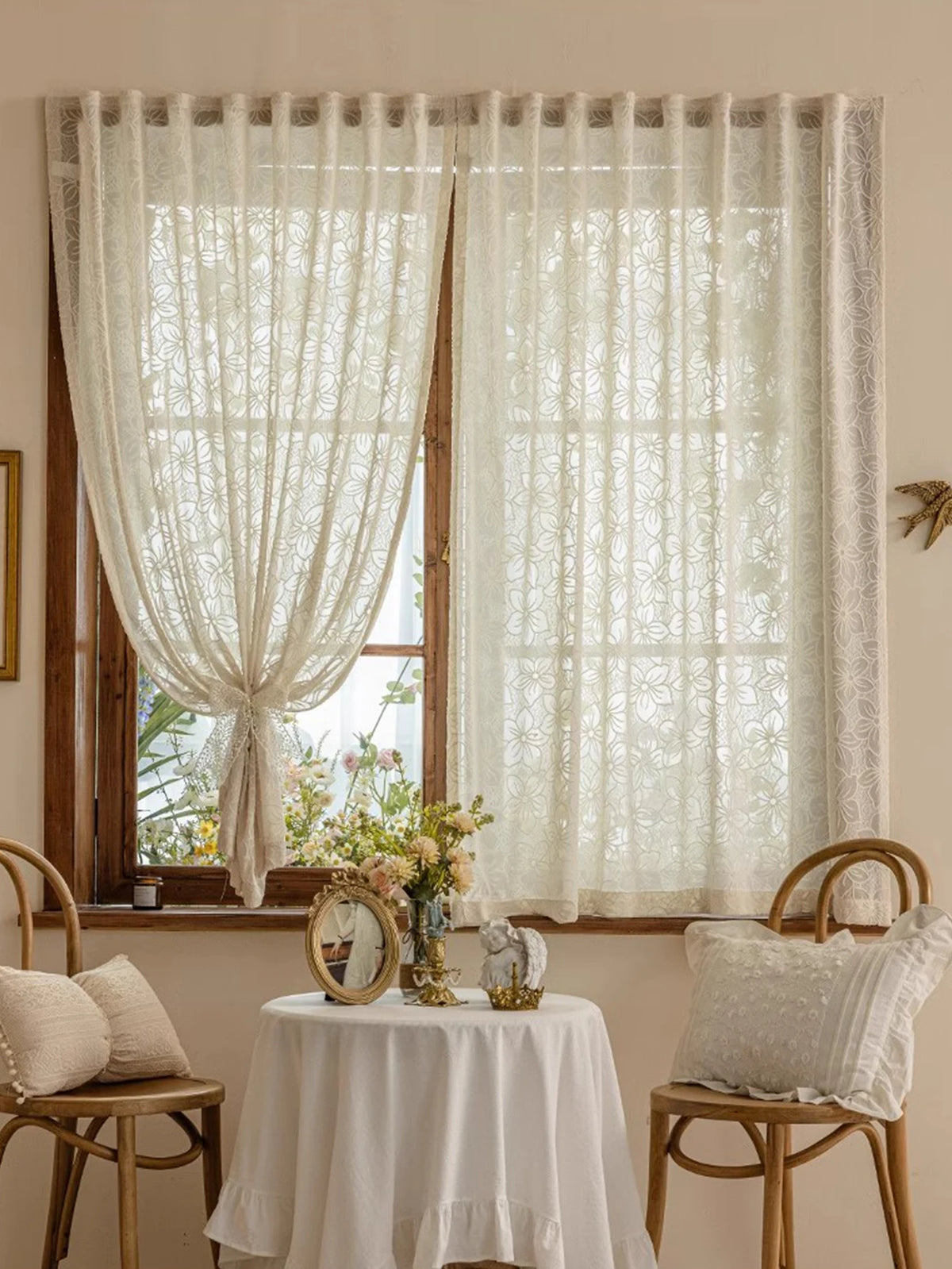 rideau moderne fleurs transparent beige clair décoration polyester extérieure fenêtre plate