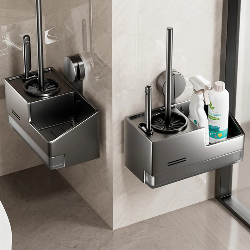 accessoire toilette moderne adhésif gris métallisé brosse wc spray nettoyage flacon nettoyant support mural