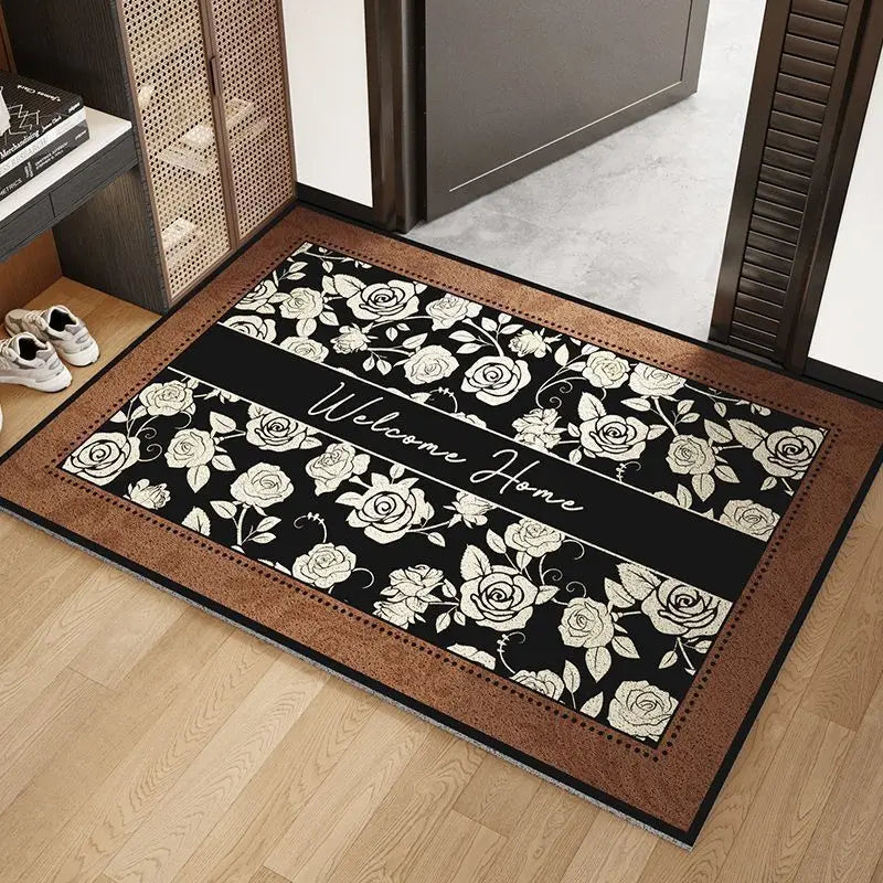 tapis antidérapant marron noir floral fleurs feuilles papillons classique couloir porte maison