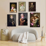 Une galerie de portraits anciens montrant des personnages aux sourires embués de bulles colorées, une décoration élégante et invitante dans un intérieur moderne.