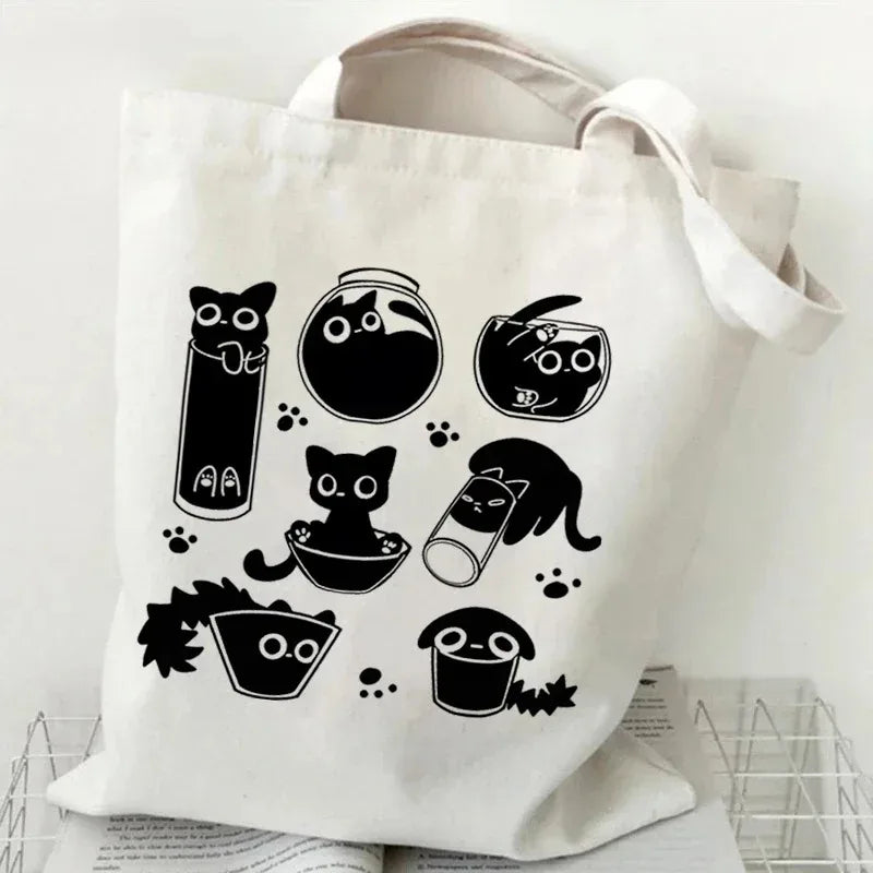 sac main femme toile chat cartoon noir blanc motifs animaux décontracté sans fermeture éclair