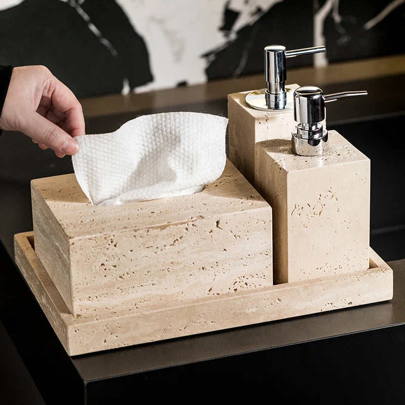 ensemble accessoires salle bain marbre beige plateau distributeur savon diffuseur gobelet boîte mouchoirs
