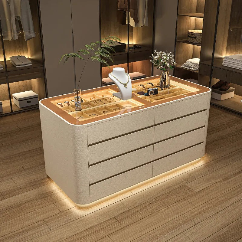 meuble rangement bijoux bois cuir moderne boîtes porte bijoux vase fleurs artificielles minimaliste