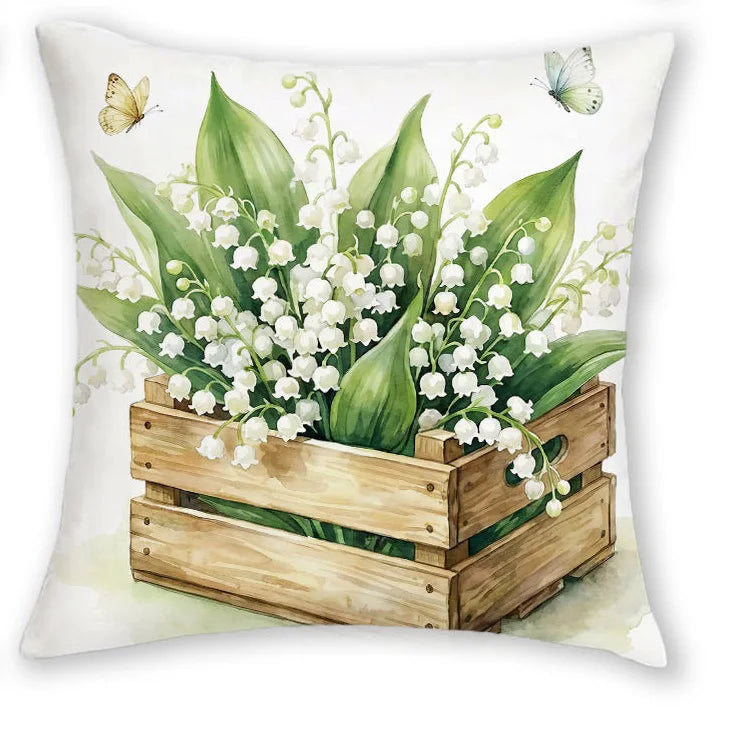 taies d'oreiller fleurs blanches rustiques lit maison panier bois naturel polyester blanc vert beige