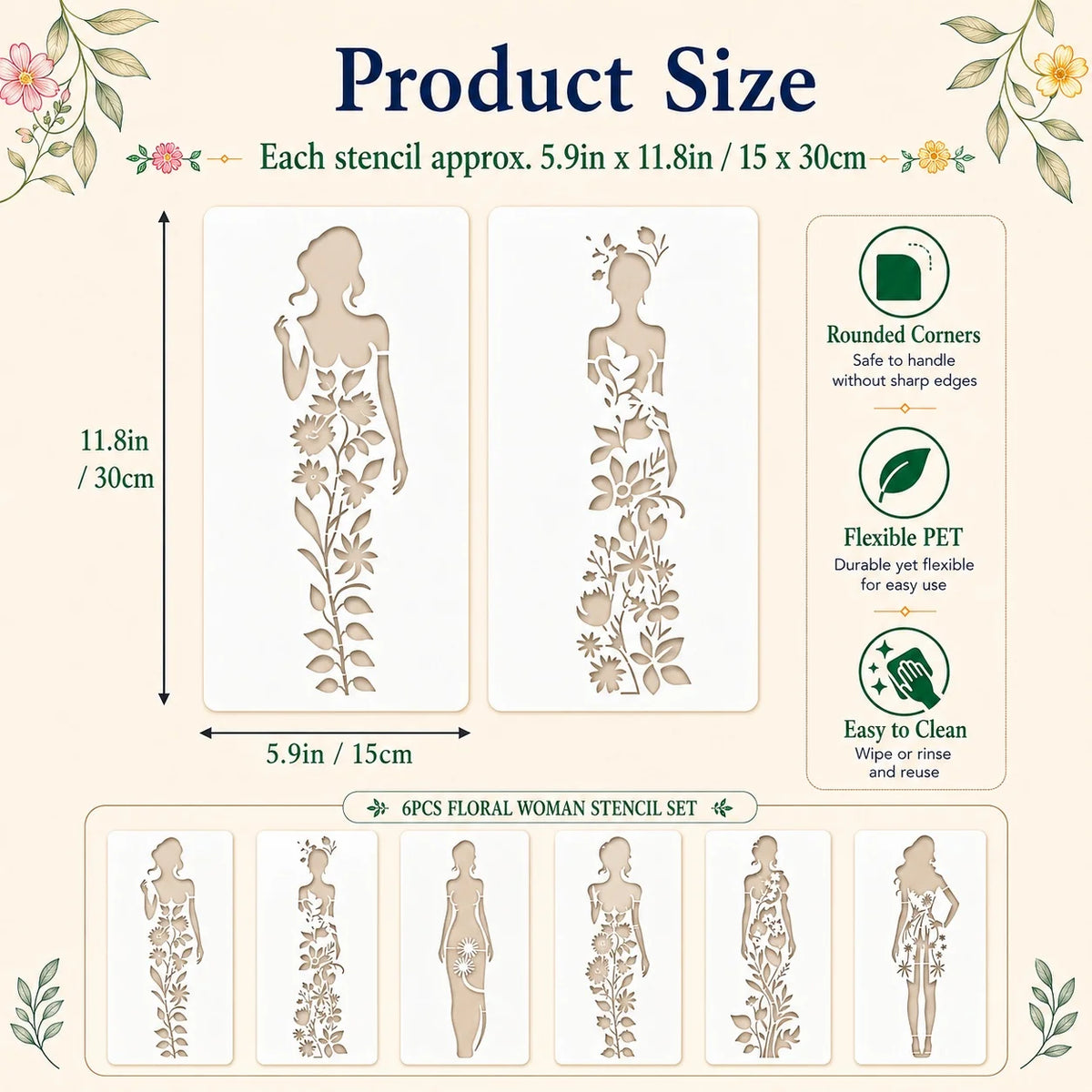 gabarits découpe féminins floraux motifs complexes élégant adhésif réutilisable toile pet art mural DIY