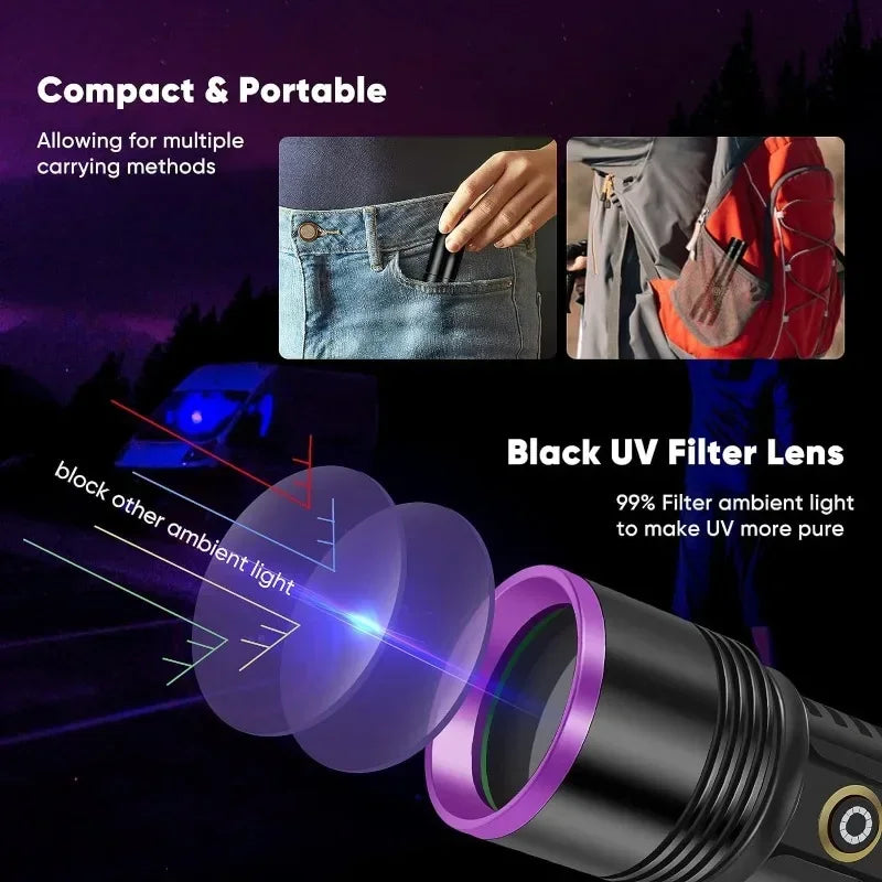 lampe torchon uv rechargeable led noire violette indicateur charge type