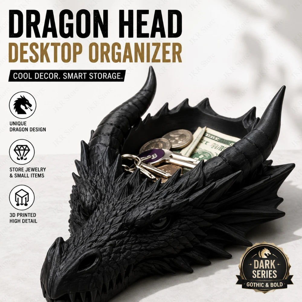 organisateur tête dragon noir écailles gothique rangement porte clés anneaux billets monnaie fantastique