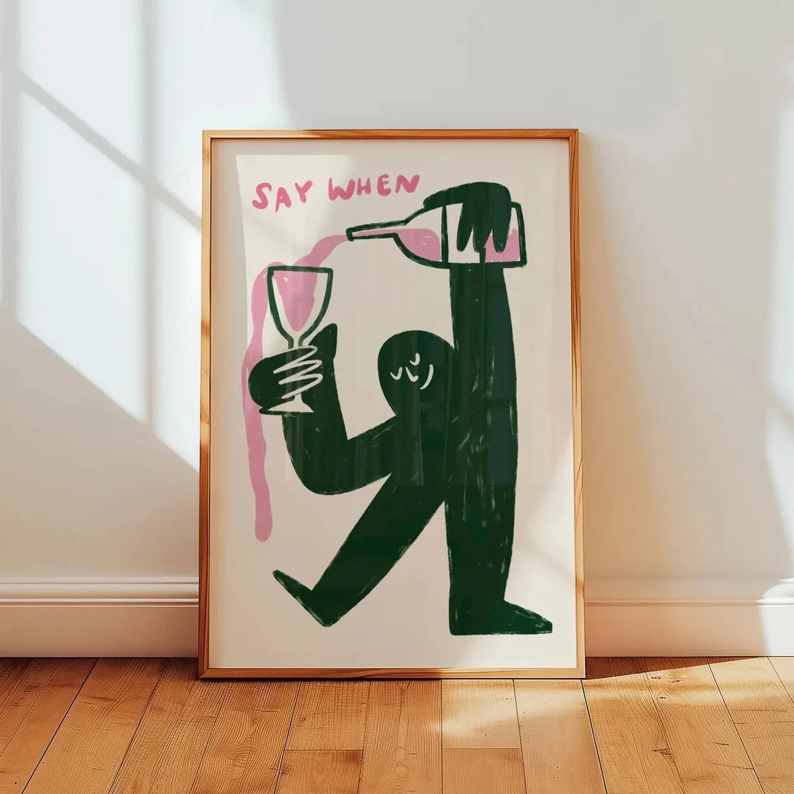 affiche moderne say when vin silhouette verre bouteille minimaliste couleur rose vert blanc