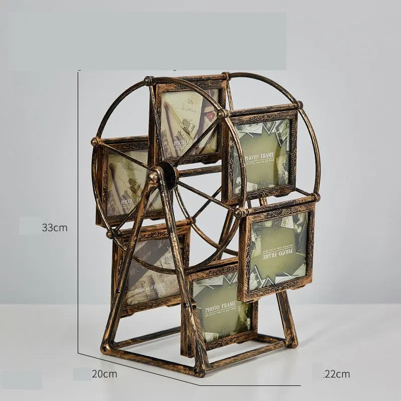 cadre photo vintage grande roue transparent bronze or argenté decoration florale photos inclusion industrielle